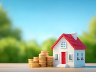 property loan mortgage qualification home concept. Miniature house with stacks of money in a green landscape background.