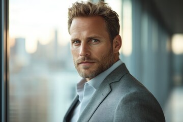 Fototapeta premium Confident businessman standing near window in a modern office, serious expression.
