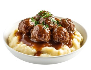 Meatballs in a thick brown sauce served over spicy potatoes