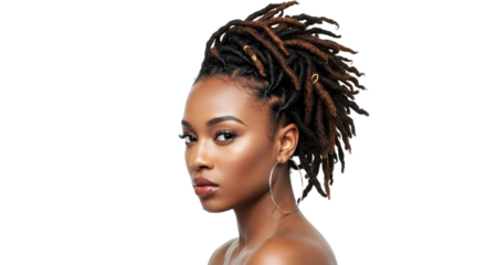 portrait of a woman with medium-length dreadlocks
