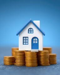 property loan mortgage qualification home concept. Miniature house on coins representing real estate investment.