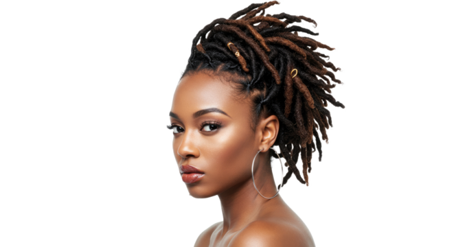 portrait of a woman with medium-length dreadlocks