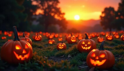 Spooky Halloween pumpkin patch at sunset, orange pumpkins glowing in fading light , darkness, pumpkin field, orange pumpkins