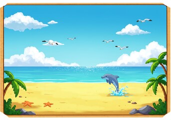 Obraz premium Happy Dolphin Leaping on Tropical Beach Scene