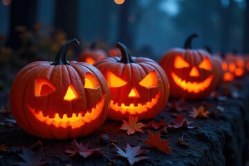 Fototapeta premium Spooky carved Halloween pumpkins on display, glowing in the dark , scary, halloween background