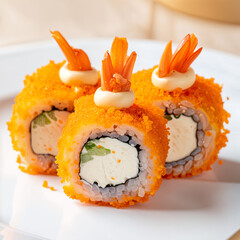 Japan Food CRUNCHY EBI TEMPURA ROLLS, Shrimp Tempura and Cream Cheese Roll topped with Ebiko and Crab Stick