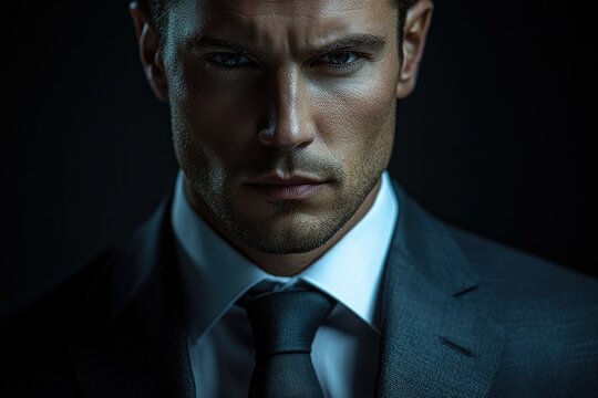 A serious, intense close-up portrait of a man in a suit.