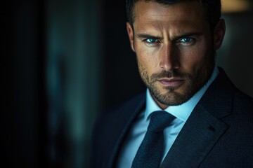 A portrait of a handsome man in a suit, intense gaze and serious expression.