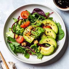 Japan Food Top View AVOCADO SALAD, Avocado Salad with Miso Shoyu Dressing