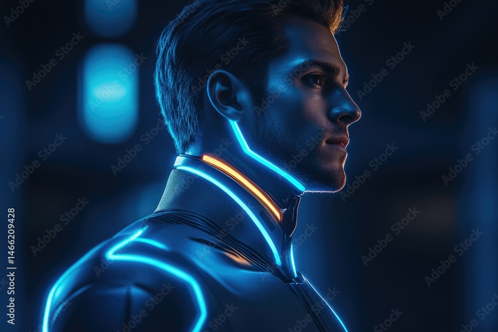 Aufkleber a futuristic man with glowing neon lines on his attire, profile view in a dark setting.