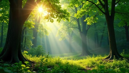 Obraz premium Sunlight dappling through lush green forest canopy , peaceful, natural light, texture