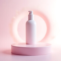 Elegant cosmetic bottle display on minimalist pink base studio setting product photography