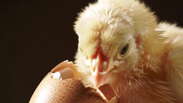 Close-up cinematic shot of a baby chick cracking an eggshell