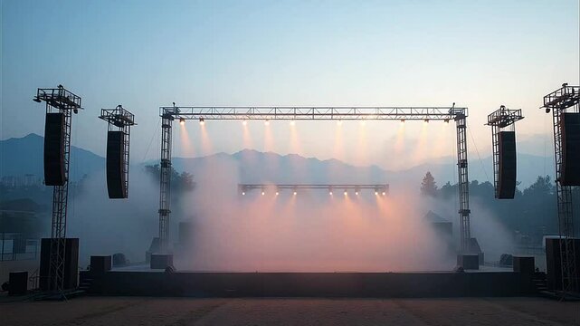 Empty outdoor performance stage surrounded by soft fog, early evening light casting a warm glow