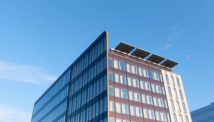 Fototapeta premium Sleek modern office building with rooftop solar panels, clear sky background, clean energy, zero-carbon