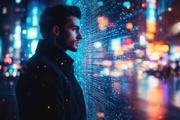 A man stands in a futuristic city, gazing at a digital display showcasing data streams and vibrant city lights.