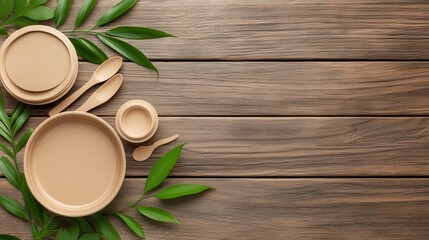 Fototapeta premium A top-down view of eco-friendly disposable plates and utensils surrounded by green leaves on a rustic wooden background.