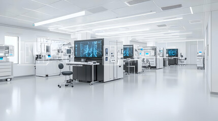 Modern Clean Laboratory Interior With White Equipment And Screens