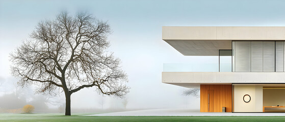 Naklejka premium Modern Concrete House With Foggy Landscape And Tree