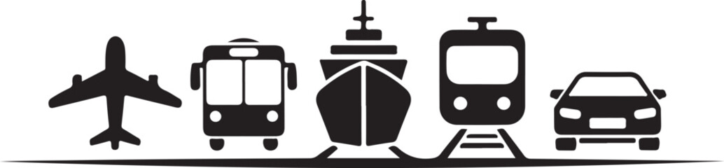Transport icons. Airplane, Public bus, Train, Ship,Ferry and auto signs. Shipping delivery symbol. Air mail delivery sign. 