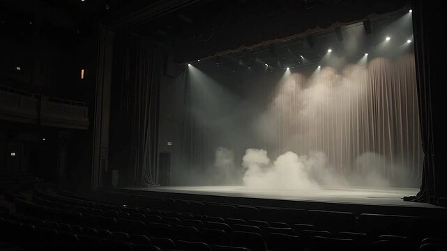 Side angle of an unoccupied stage viewed from backstage, faint light leaking from the front, ambient fog drifting across