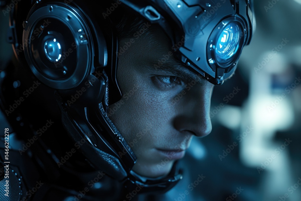 Poster a close-up of a man wearing a futuristic helmet with glowing blue elements, conveying a sense of tec