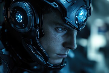 A close-up of a man wearing a futuristic helmet with glowing blue elements, conveying a sense of technological advancement and mystery.