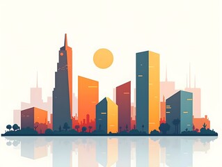 Obraz premium Modern city skyline featuring six distinct buildings in a minimal style with vibrant colors and geometric shapes, illustration