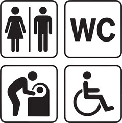 WC signs set. Man, woman, mother with baby and handicapped silhouettes isolated on white background. Male and female toilet door icons. Lady and gentleman restroom symbol.