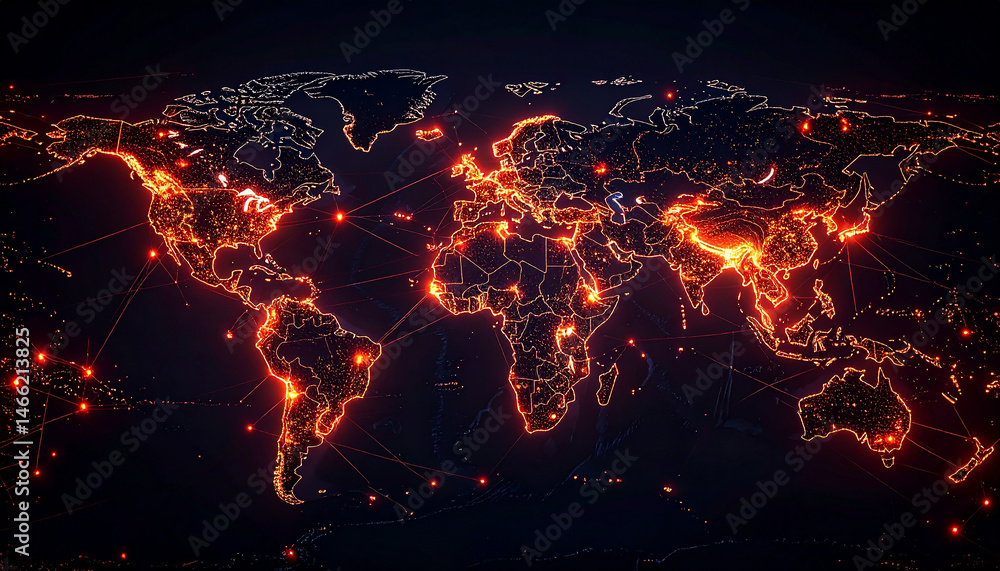 Poster global network: a stylized world map pulsates with fiery orange lines, symbolizing global connectivi