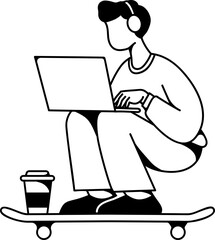Lineart Skater Working on Laptop with Coffee Vector Illustration