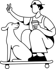 Skater Bring Coffee with Dog Lineart Vector Illustration