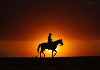Dramatic Silhouette of Cowboy Riding Horse against Bright Orange Sunset