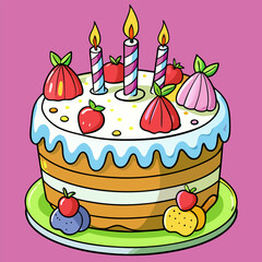 Colorful Birthday Cake with Candles and Fruit Topping