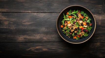 A vibrant salad featuring greens, nuts, and berries, served in a dark bowl on a rustic wooden table.