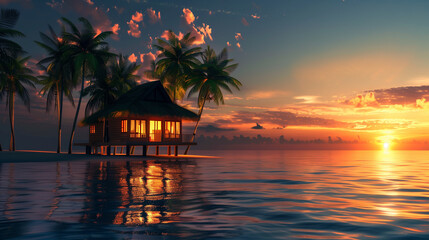 Obraz premium Illuminated romantic beach house between palm trees at sunset on a beautiful tropical island 