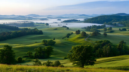 Obraz premium Misty Valley Landscape At Sunrise