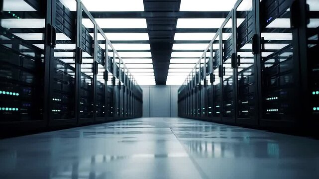 Wide cinematic shot of a dark, secure server room lit only by the blinking LEDs of server racks