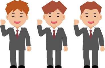 ガッツポーズをする笑顔のグレースーツの若い男性