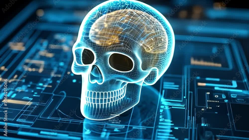 Aufkleber futuristic holographic skull design glowing neural patterns and digital technology in intricate deta