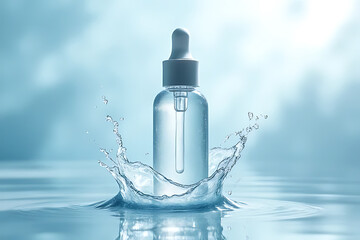 Hydrating serum splash studio product photography blue tones close-up beauty concept