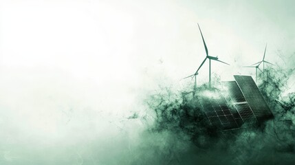 A digital illustration of wind turbines and solar panels against a green, smoky background, symbolizing renewable energy and sustainability.