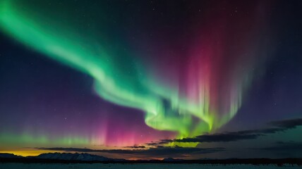 Aurora borealis with green and pink lights over a dark landscape and starry sky at night time