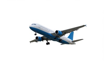 Obraz premium Airplane with blue accents flying against isolated on white background