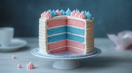 A gender reveal cake featuring blue and pink layers, ideal for event planners specializing in gender reveal parties and family celebrations