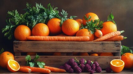 Wooden crate overflowing with fresh oranges, carrots, and berries, realistic style, single-color backdrop