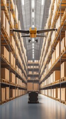 A delivery drone flies over shelves stacked high with cardboard boxes.
