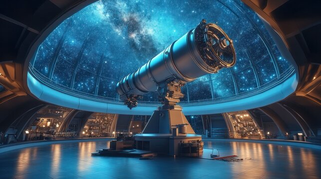 Modern observatory with large telescope inside futuristic dome with starry sky view for scientific research and astronomical observations