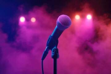 Dynamic Microphone on Stage with Colorful Lighting and Fog at Live Performance
