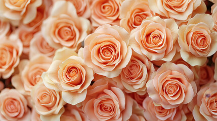 Fototapeta premium pale peach colored fake rose flowers top view closeup, colorful pattern background
